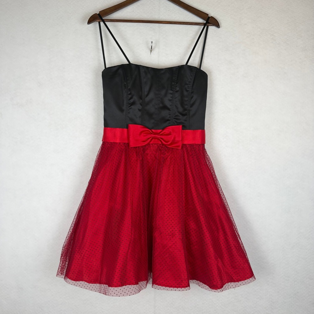 Steppin Out Strapless Dress Womens 11/12 Red Black Polka Dot Tulle Bow Cocktail